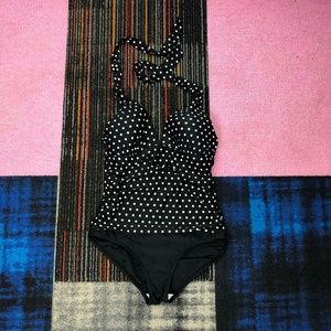 2 Bamboo Polka Dot One Piece Swimsuit Large Black White Halter